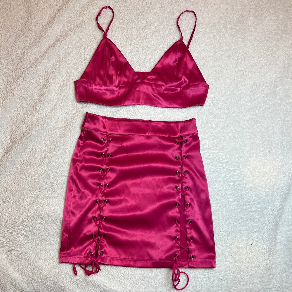 FashionNova Women's S | Small Hot Pink Satin Style Crop Top Lace Up Skirt Set